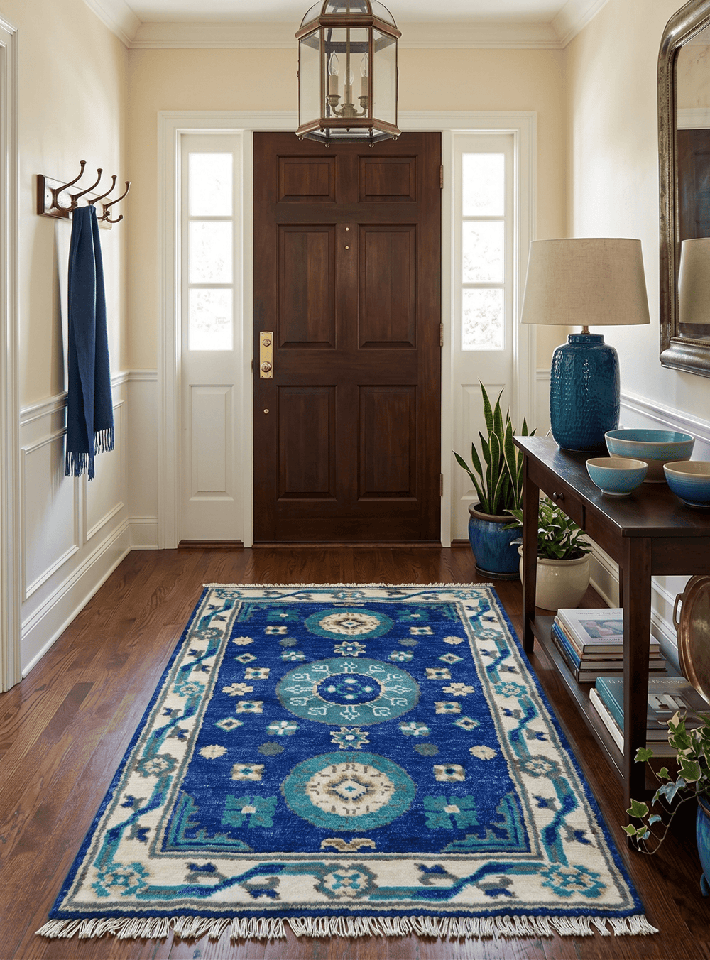 In Stock Khotan Design Blue And Beige Hand Knotted 4x6 Wool Rug - The Rug Decor
