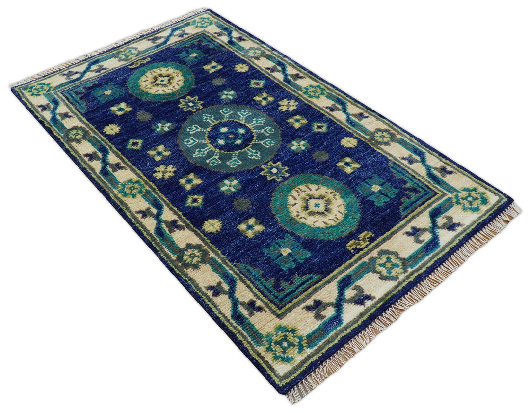 In Stock Khotan Design Blue And Beige Hand Knotted 4x6 Wool Rug - The Rug Decor