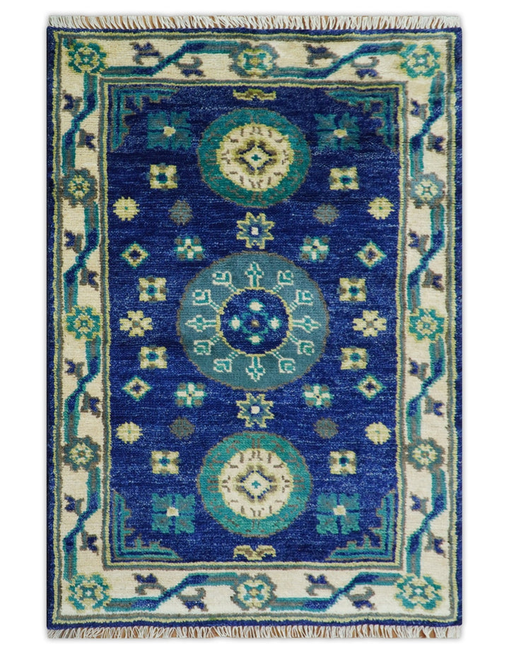 In Stock Khotan Design Blue And Beige Hand Knotted 4x6 Wool Rug - The Rug Decor