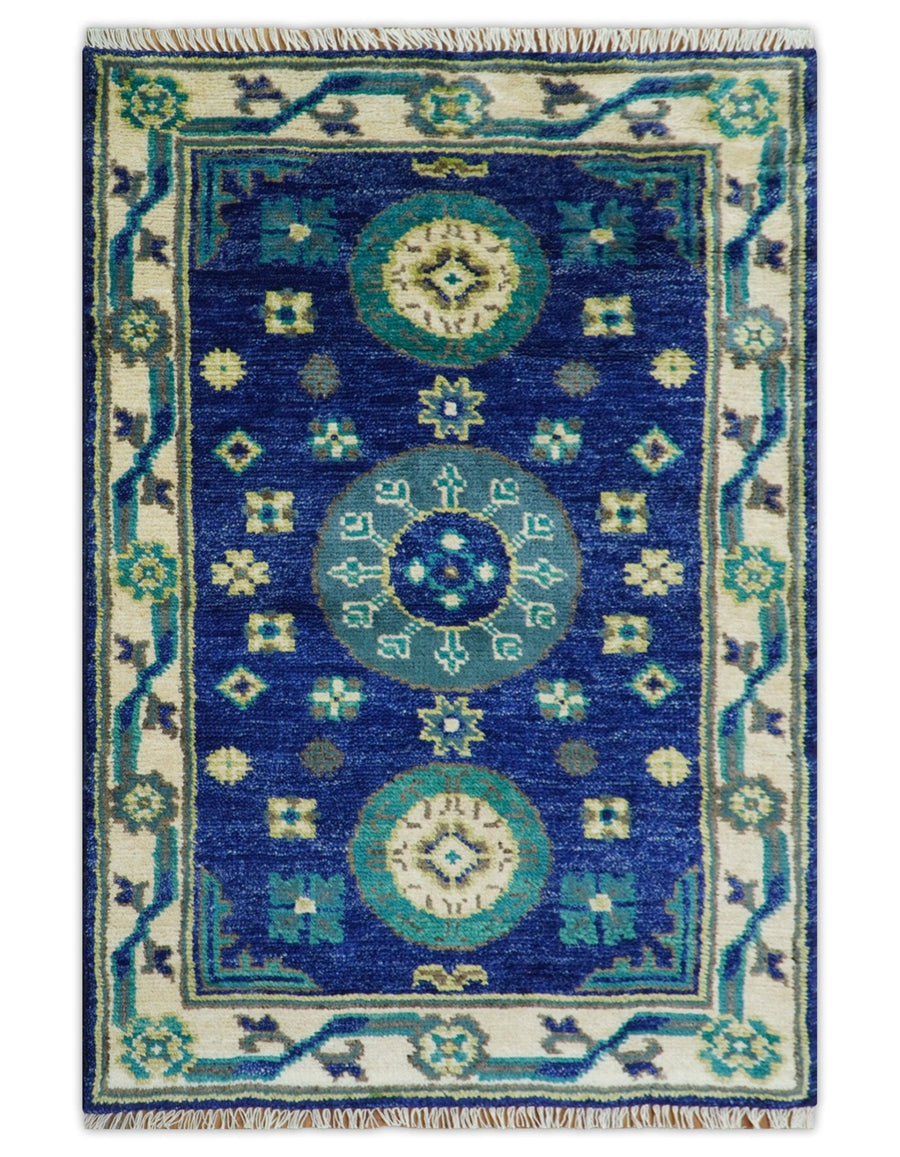 In Stock Khotan Design Blue And Beige Hand Knotted 4x6 Wool Rug - The Rug Decor