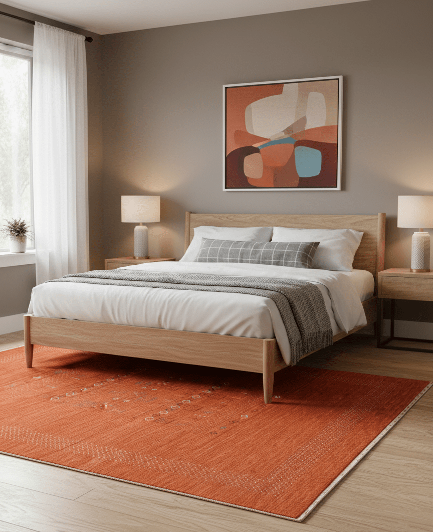 In Stock Orange Contemporary Center Pattern Hand Loomed Wool Rug - The Rug Decor