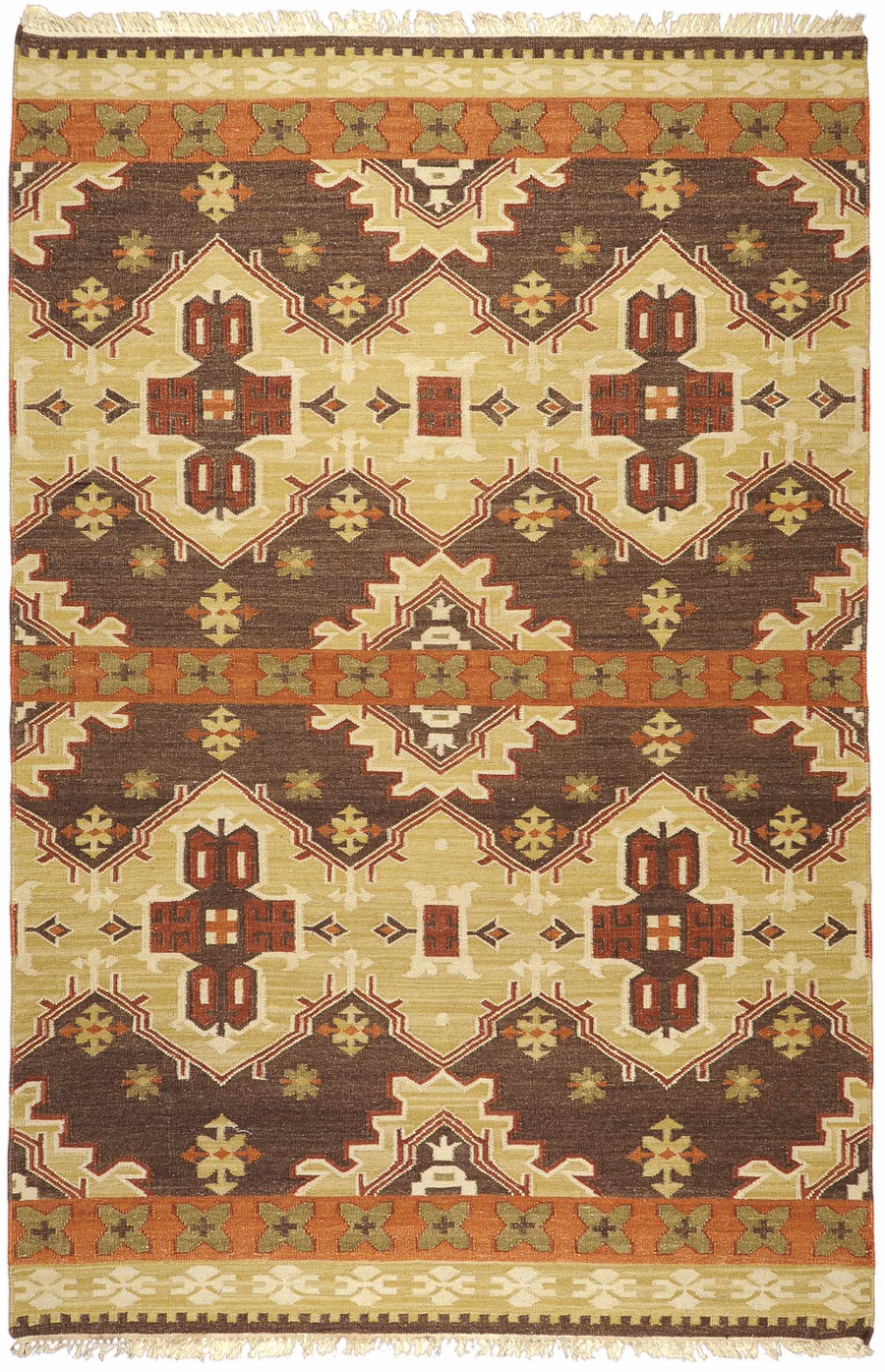 Mustard and brown hand-woven wool rug with geometric diamond and house motif