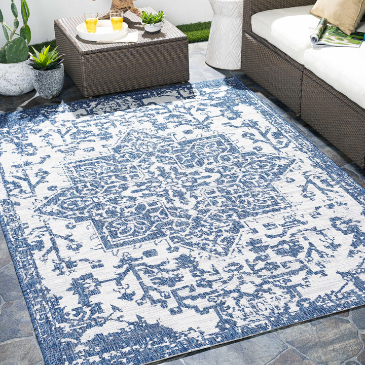 Inkberrow Blue And Ivory Traditional Style Indoor Outdoor Area Rug