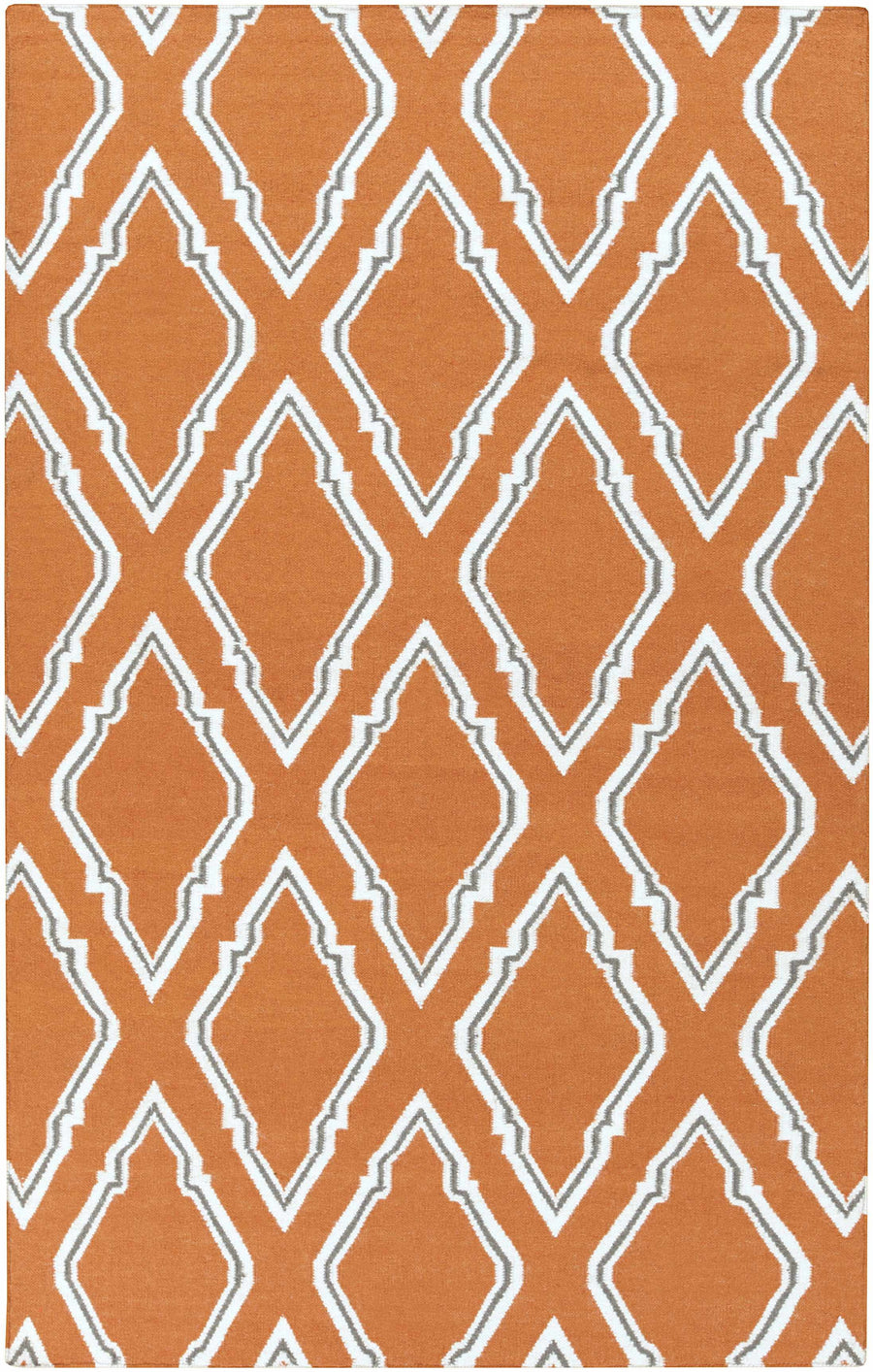 Hand woven area rug with orange and ivory geometric diamond lattice pattern