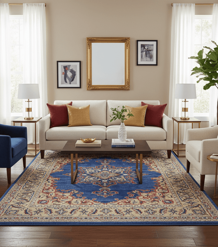 Isfahan Custom Made Traditional Blue And Beige Hand Knotted Wool Rug - The Rug Decor