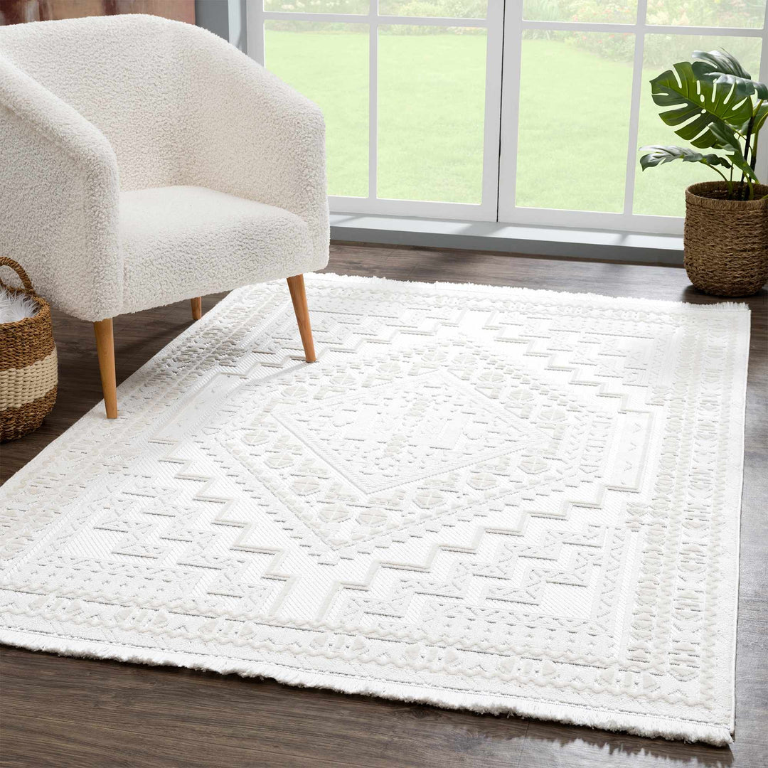 Ivory Alya Textured Medallion Fringe Area Rug - Clearance - The Rug Decor
