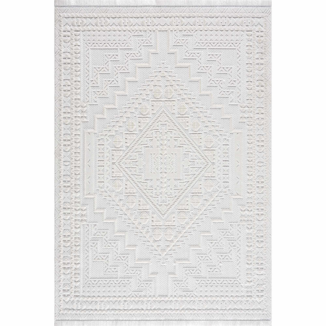 Ivory Alya Textured Medallion Fringe Area Rug - Clearance - The Rug Decor