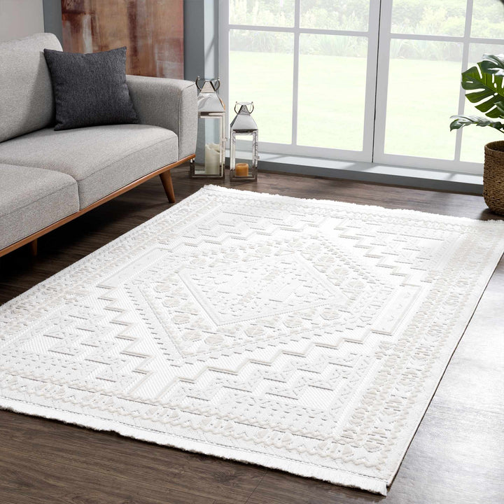 Ivory Alya Textured Medallion Fringe Area Rug - Clearance - The Rug Decor