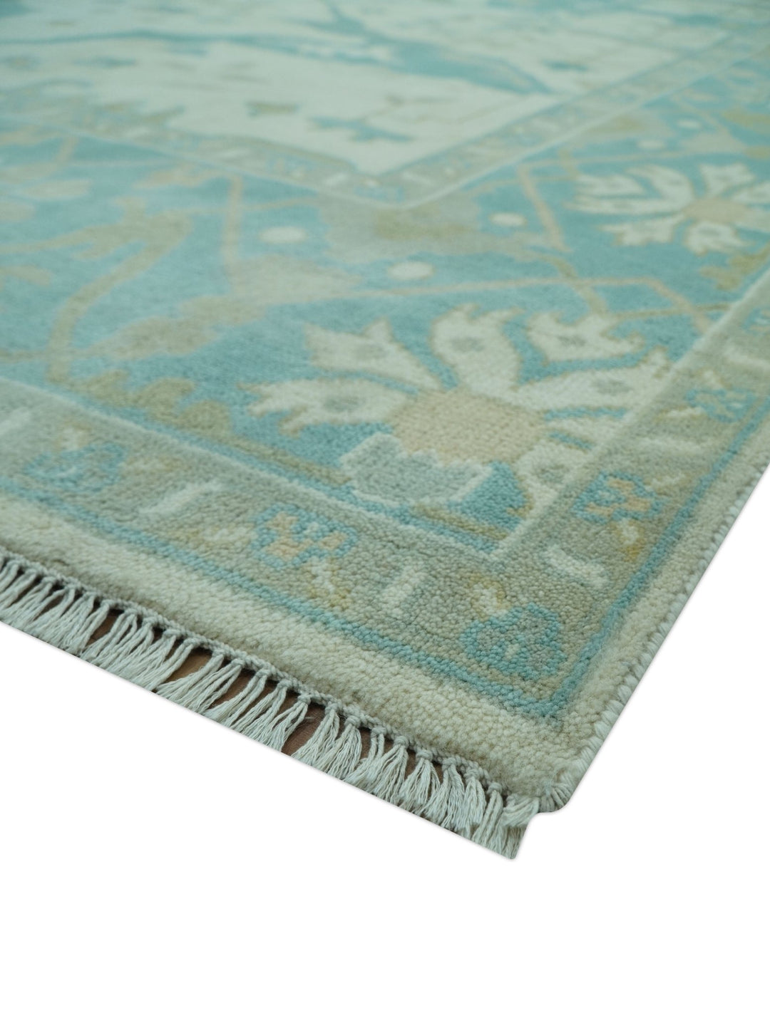 Ivory and Aqua Hand Knotted Oriental Oushak Custom Made Wool Rug - The Rug Decor