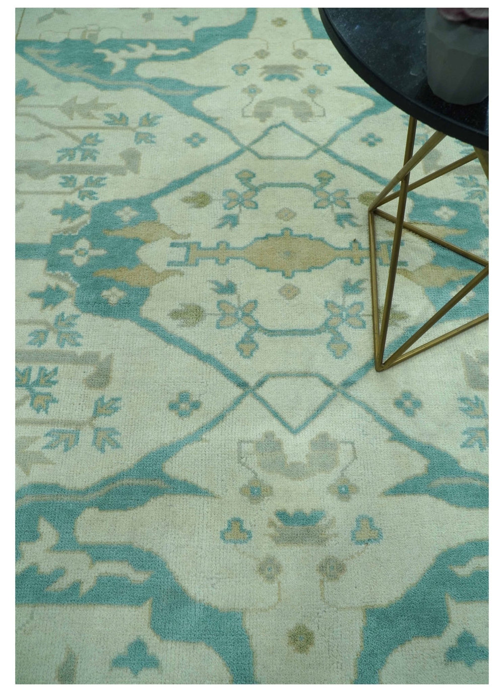 Ivory and Aqua Hand Knotted Oriental Oushak Custom Made Wool Rug - The Rug Decor