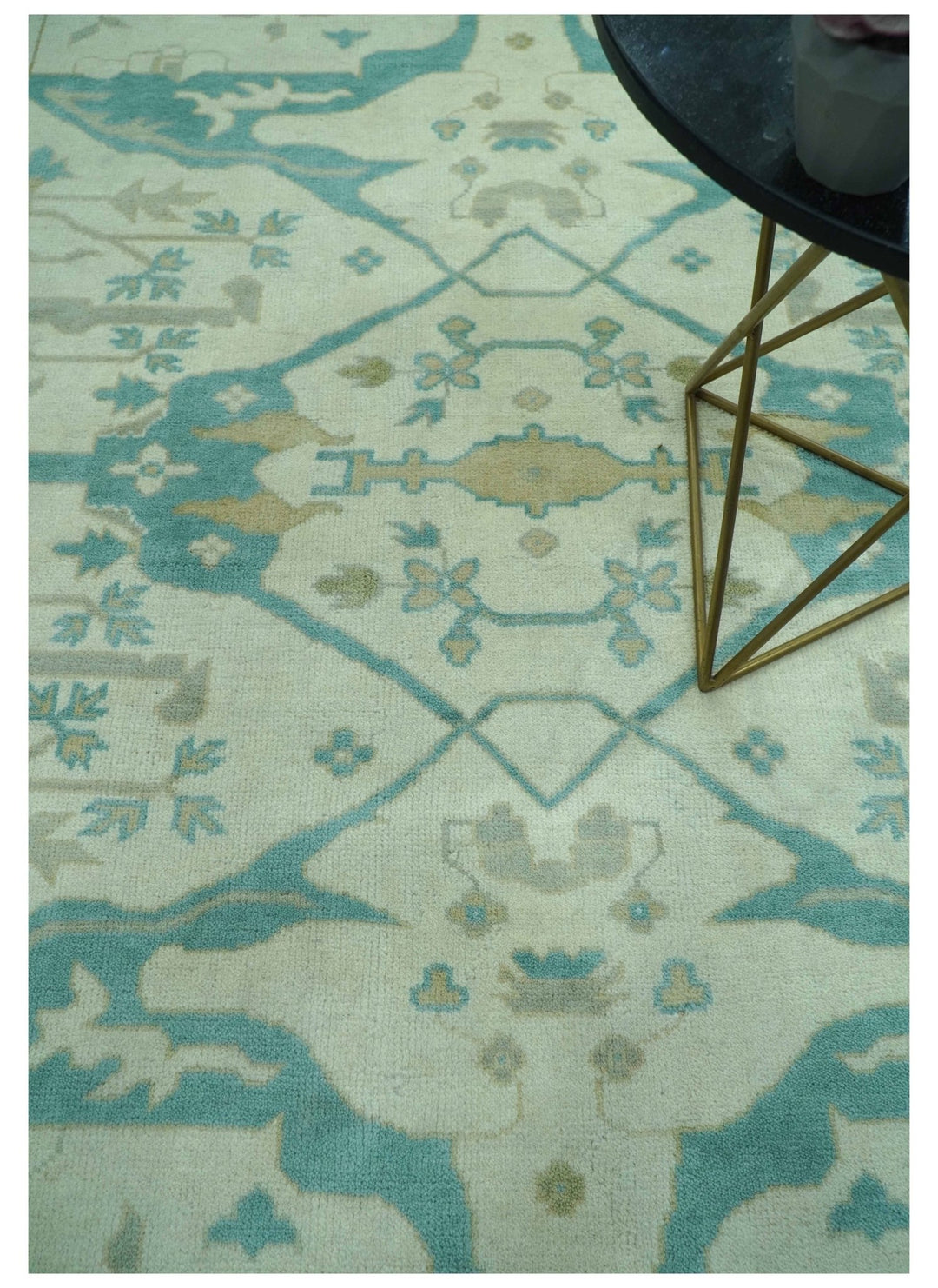 Ivory and Aqua Hand Knotted Oriental Oushak Custom Made Wool Rug - The Rug Decor