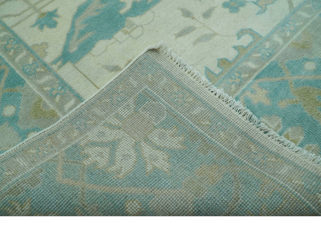 Ivory and Aqua Hand Knotted Oriental Oushak Custom Made Wool Rug - The Rug Decor