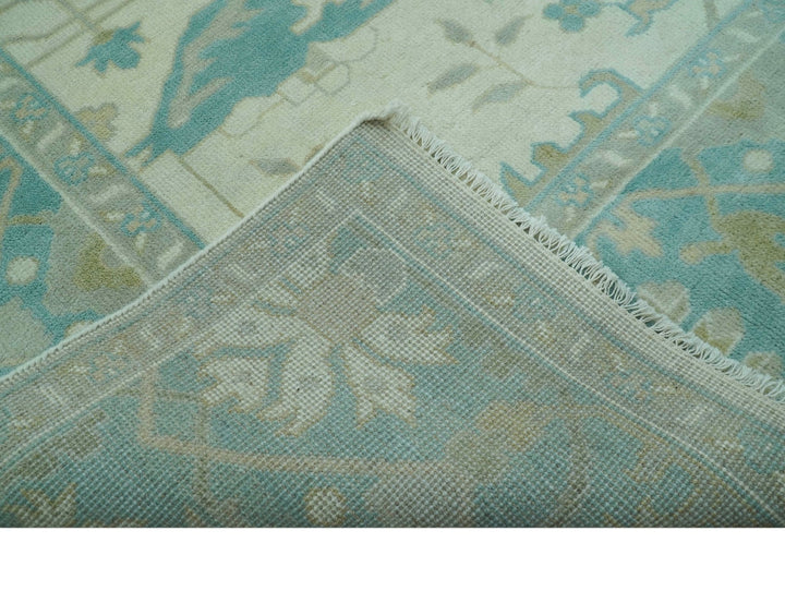Ivory and Aqua Hand Knotted Oriental Oushak Custom Made Wool Rug - The Rug Decor