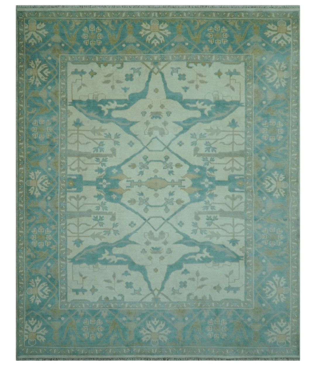 Ivory and Aqua Hand Knotted Oriental Oushak Custom Made Wool Rug - The Rug Decor