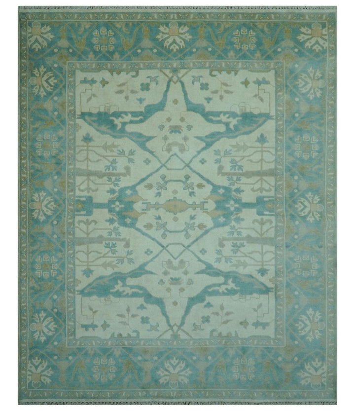 Ivory and Aqua Hand Knotted Oriental Oushak Custom Made Wool Rug - The Rug Decor