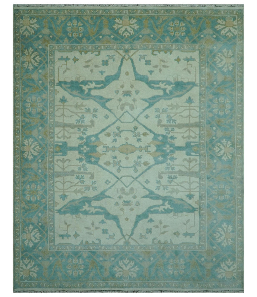 Ivory and Aqua Hand Knotted Oriental Oushak Custom Made Wool Rug - The Rug Decor
