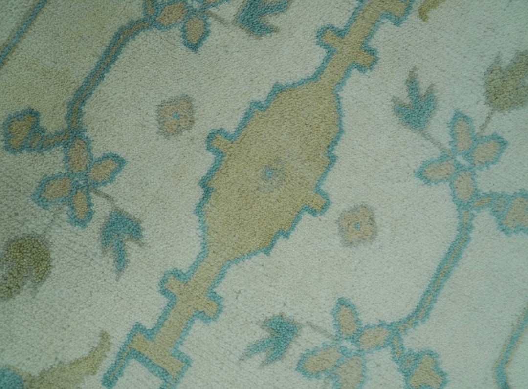 Ivory and Aqua Hand Knotted Oriental Oushak Custom Made Wool Rug - The Rug Decor