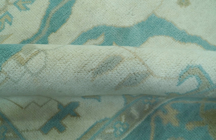 Ivory and Aqua Hand Knotted Oriental Oushak Custom Made Wool Rug - The Rug Decor