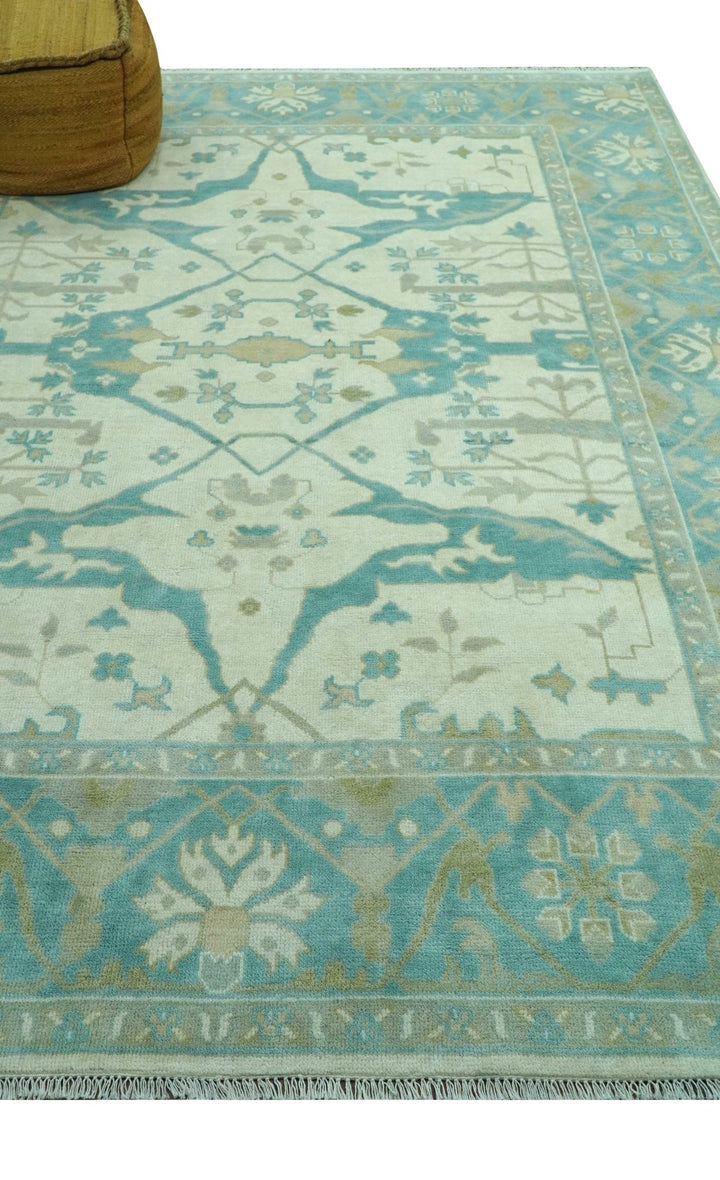 Ivory and Aqua Hand Knotted Oriental Oushak Custom Made Wool Rug - The Rug Decor