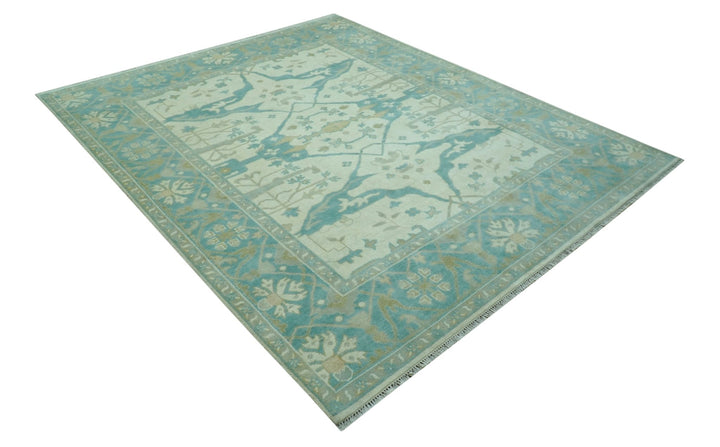 Ivory and Aqua Hand Knotted Oriental Oushak Custom Made Wool Rug - The Rug Decor