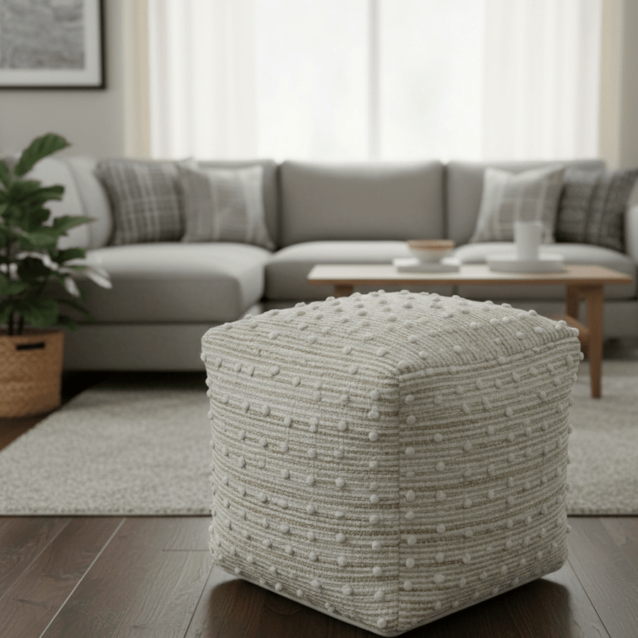 Ivory and Beige Hand Woven Stripes Design jute and wool Pouf - The Rug Decor