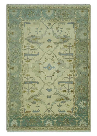 Ivory and Blue 6x9 Hand Knotted Traditional Oriental Oushak wool area rug - The Rug Decor