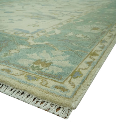 Ivory and Blue 6x9 Hand Knotted Traditional Oriental Oushak wool area rug - The Rug Decor