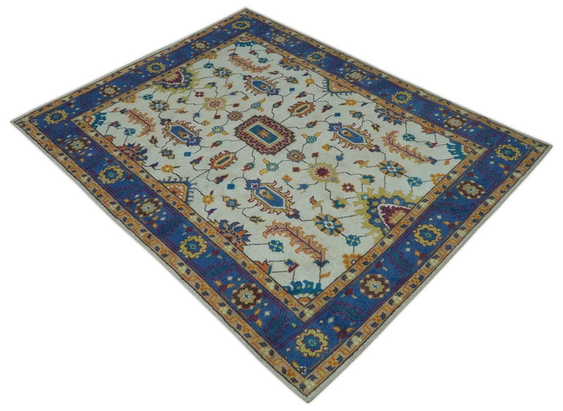 Ivory and Blue Hand Knotted Traditional Design 8x10 wool Area Rug - The Rug Decor