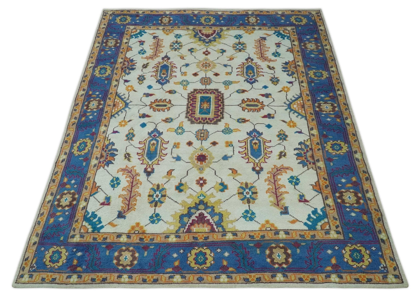 Ivory and Blue Hand Knotted Traditional Design 8x10 wool Area Rug - The Rug Decor