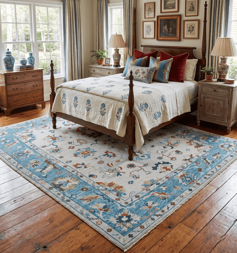 Ivory and Blue Hand knotted Traditional Oushak wool Area Rug - The Rug Decor
