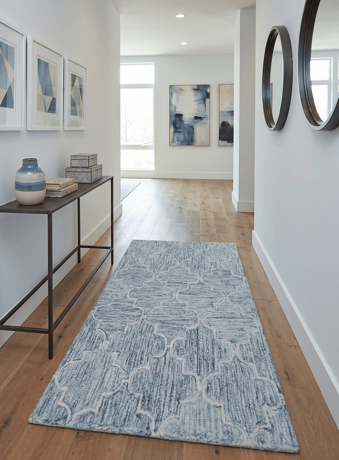 Ivory and Blue Modern Geometric Hand Tufted Multi Size Natural Wool Area Rug - The Rug Decor
