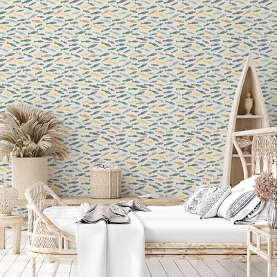 Ivory and Blue Subtle Underwater Fish Scene for Your Walls, self - adhesive Wallpaper - The Rug Decor