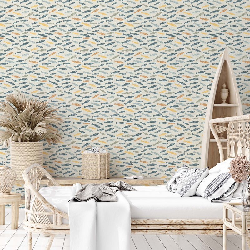 Ivory and Blue Subtle Underwater Fish Scene for Your Walls, self - adhesive Wallpaper - The Rug Decor