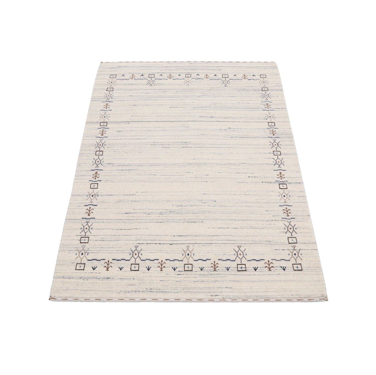 Ivory And Blue Tribal Border Design Hand Loomed Wool Area Rug - The Rug Decor