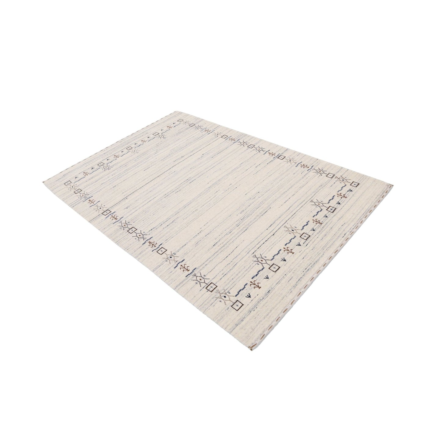 Ivory And Blue Tribal Border Design Hand Loomed Wool Area Rug - The Rug Decor