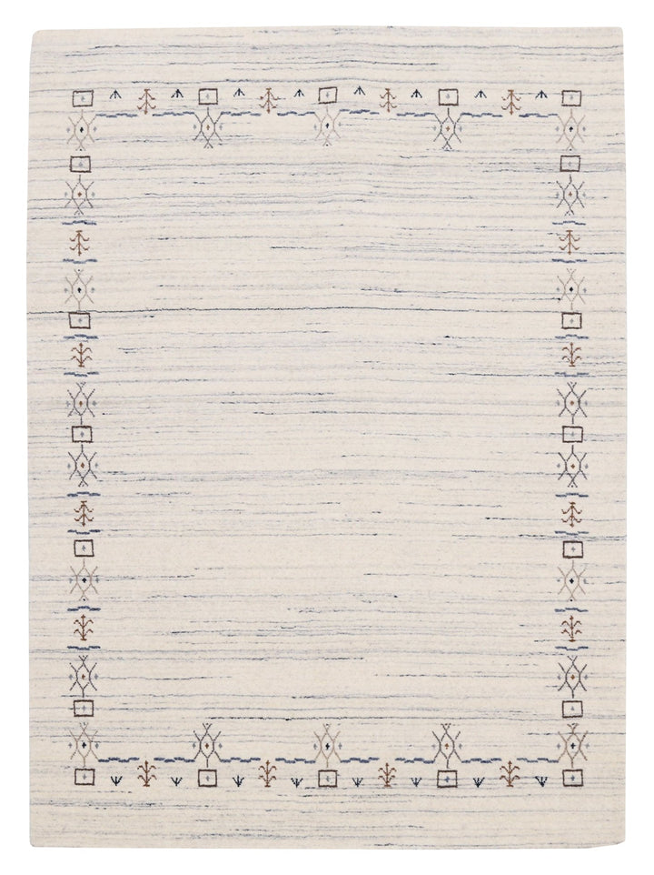 Ivory And Blue Tribal Border Design Hand Loomed Wool Area Rug - The Rug Decor