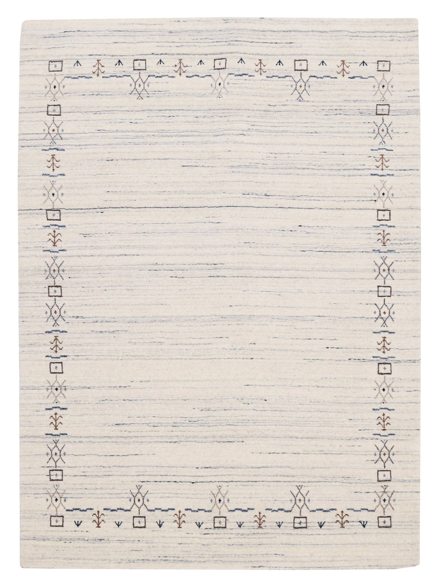 Ivory And Blue Tribal Border Design Hand Loomed Wool Area Rug - The Rug Decor