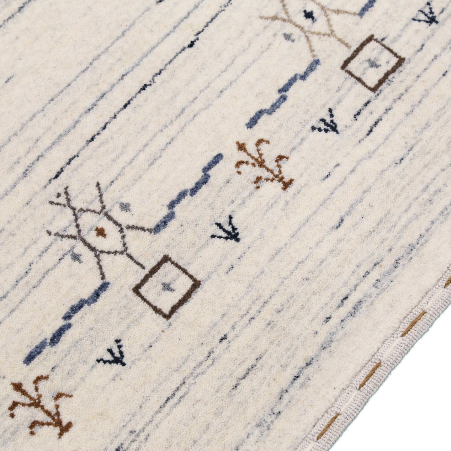 Ivory And Blue Tribal Border Design Hand Loomed Wool Area Rug - The Rug Decor