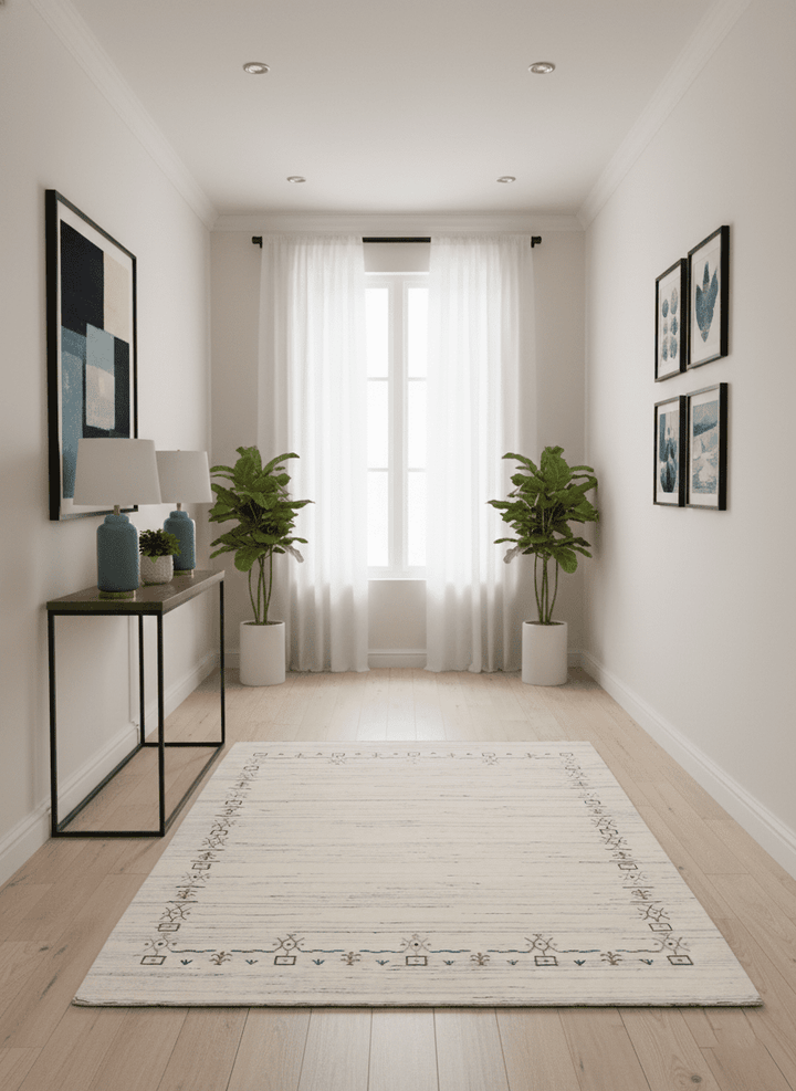 Ivory And Blue Tribal Border Design Hand Loomed Wool Area Rug - The Rug Decor