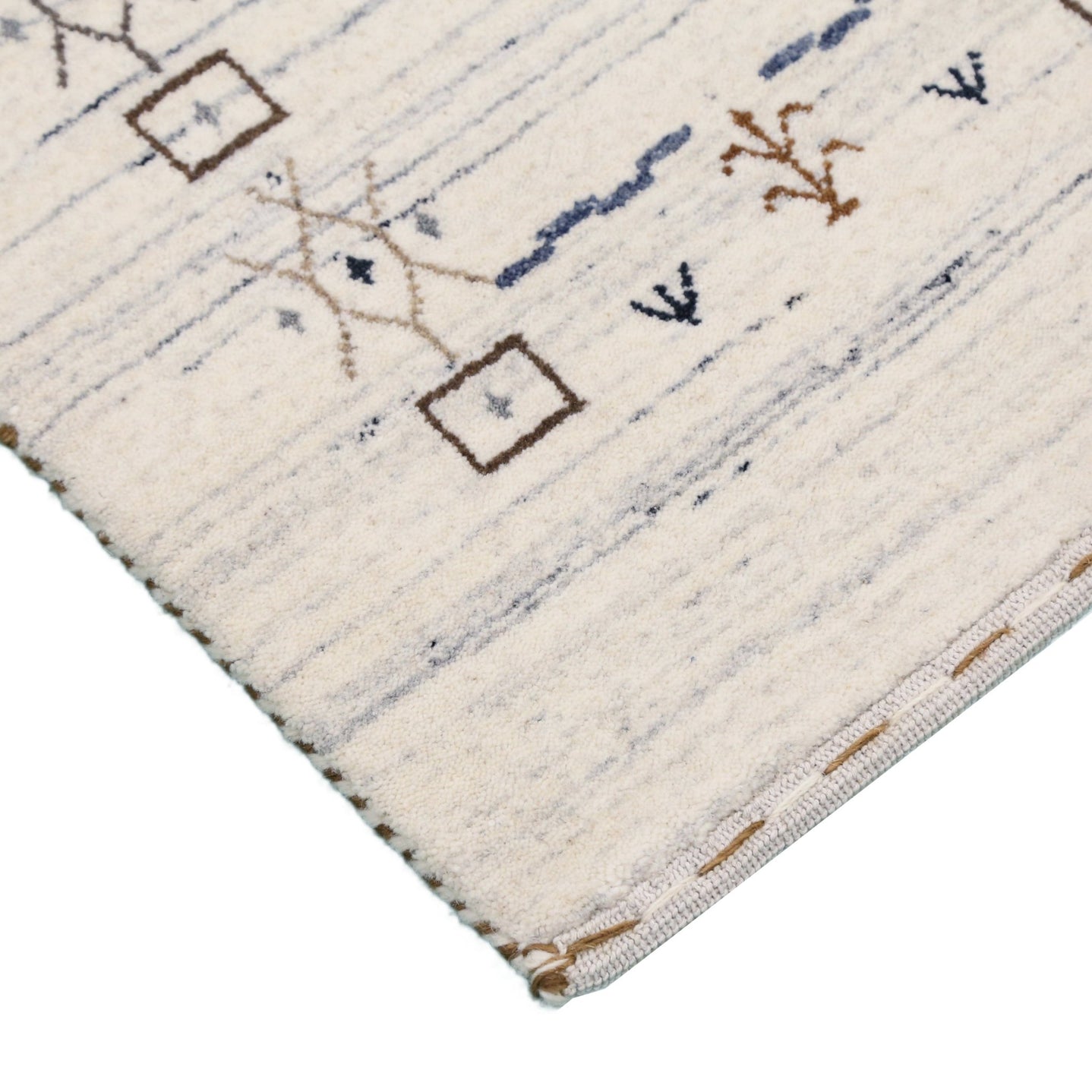 Ivory And Blue Tribal Border Design Hand Loomed Wool Area Rug - The Rug Decor