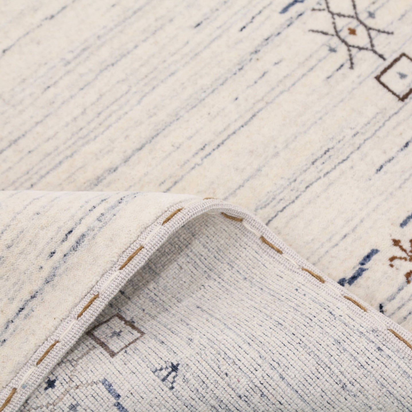 Ivory And Blue Tribal Border Design Hand Loomed Wool Area Rug - The Rug Decor