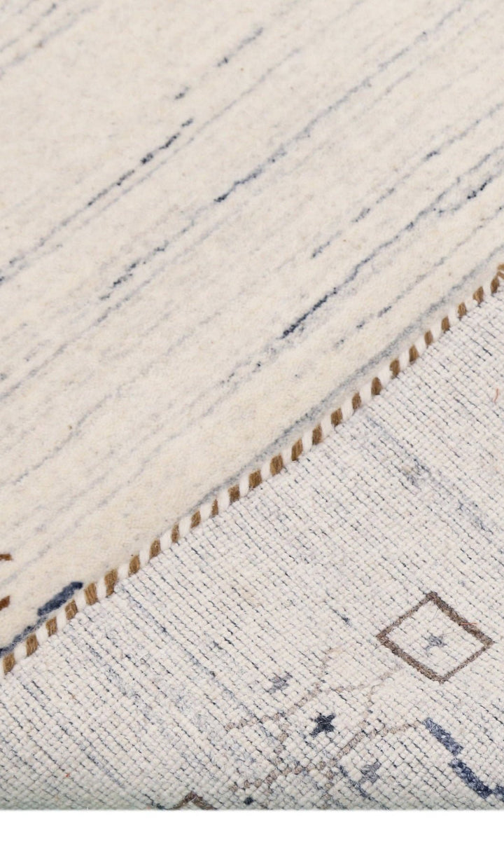 Ivory And Blue Tribal Border Design Hand Loomed Wool Area Rug - The Rug Decor