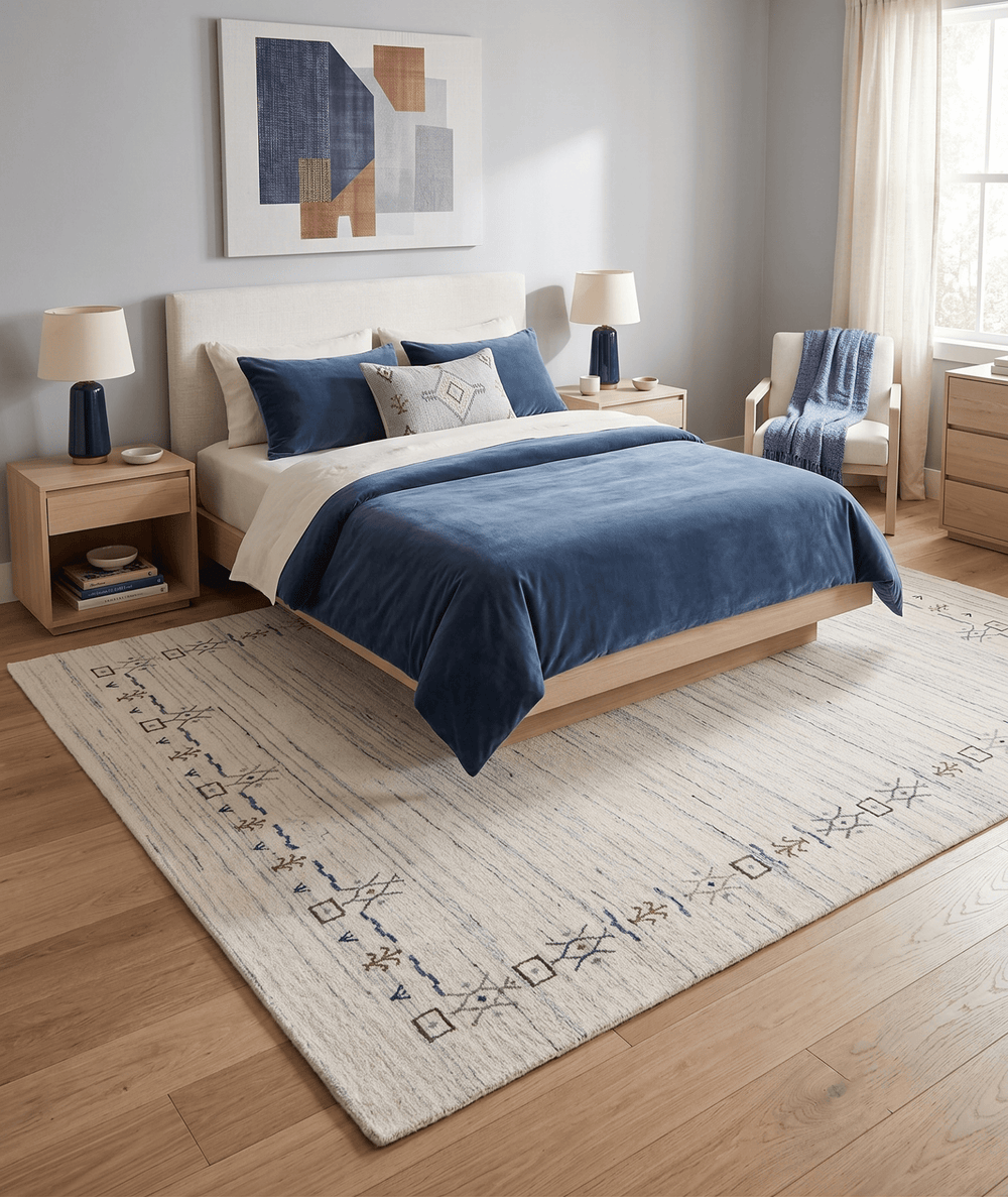 Ivory And Blue Tribal Border Design Hand Loomed Wool Area Rug - The Rug Decor