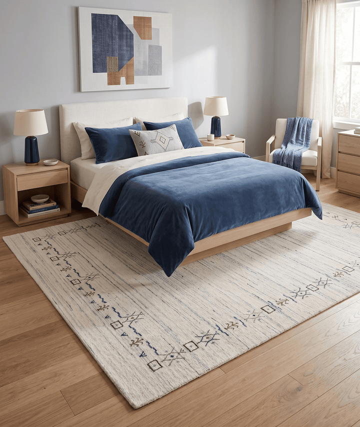 Ivory And Blue Tribal Border Design Hand Loomed Wool Area Rug - The Rug Decor