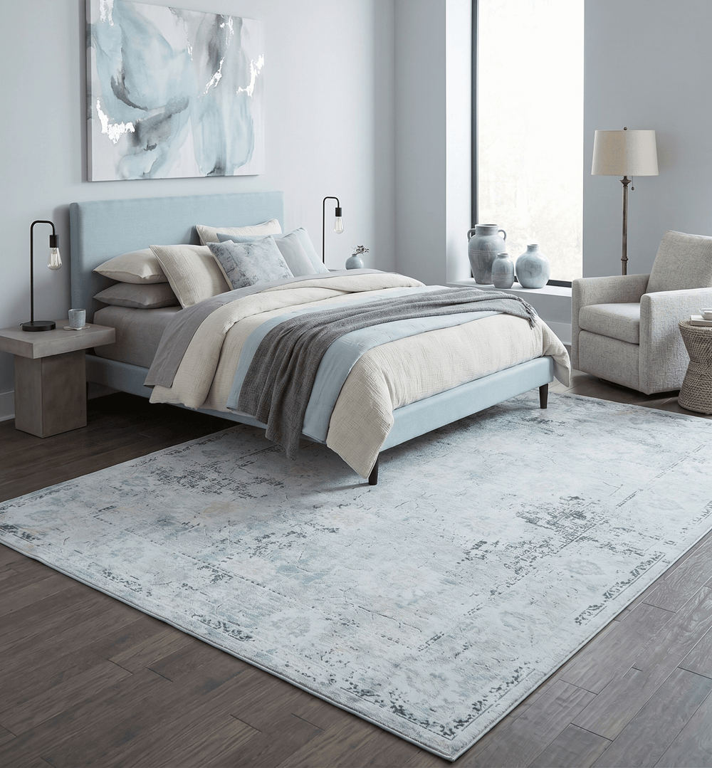 Ivory And Blue Vintage Design Modern Abstract Art Silk Area Rug - The Rug Decor