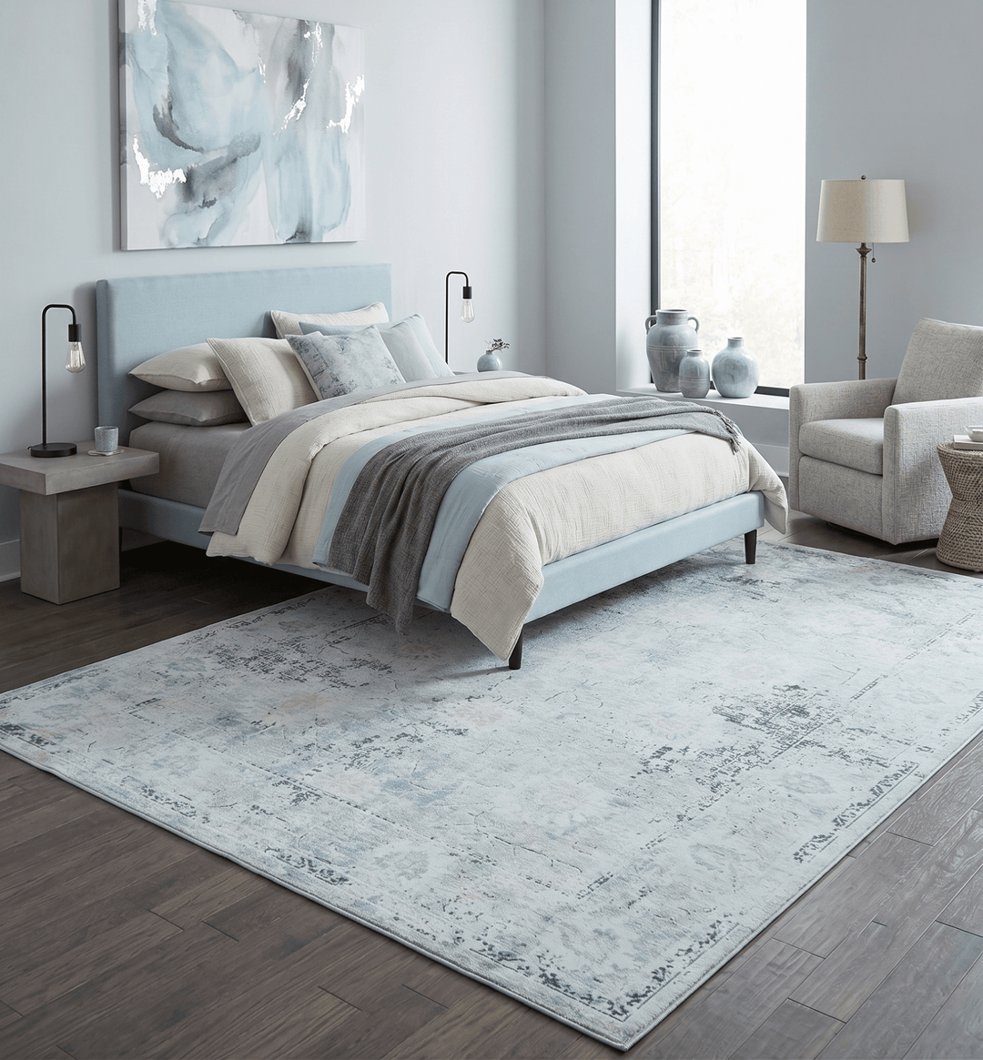 Ivory And Blue Vintage Design Modern Abstract Art Silk Area Rug - The Rug Decor