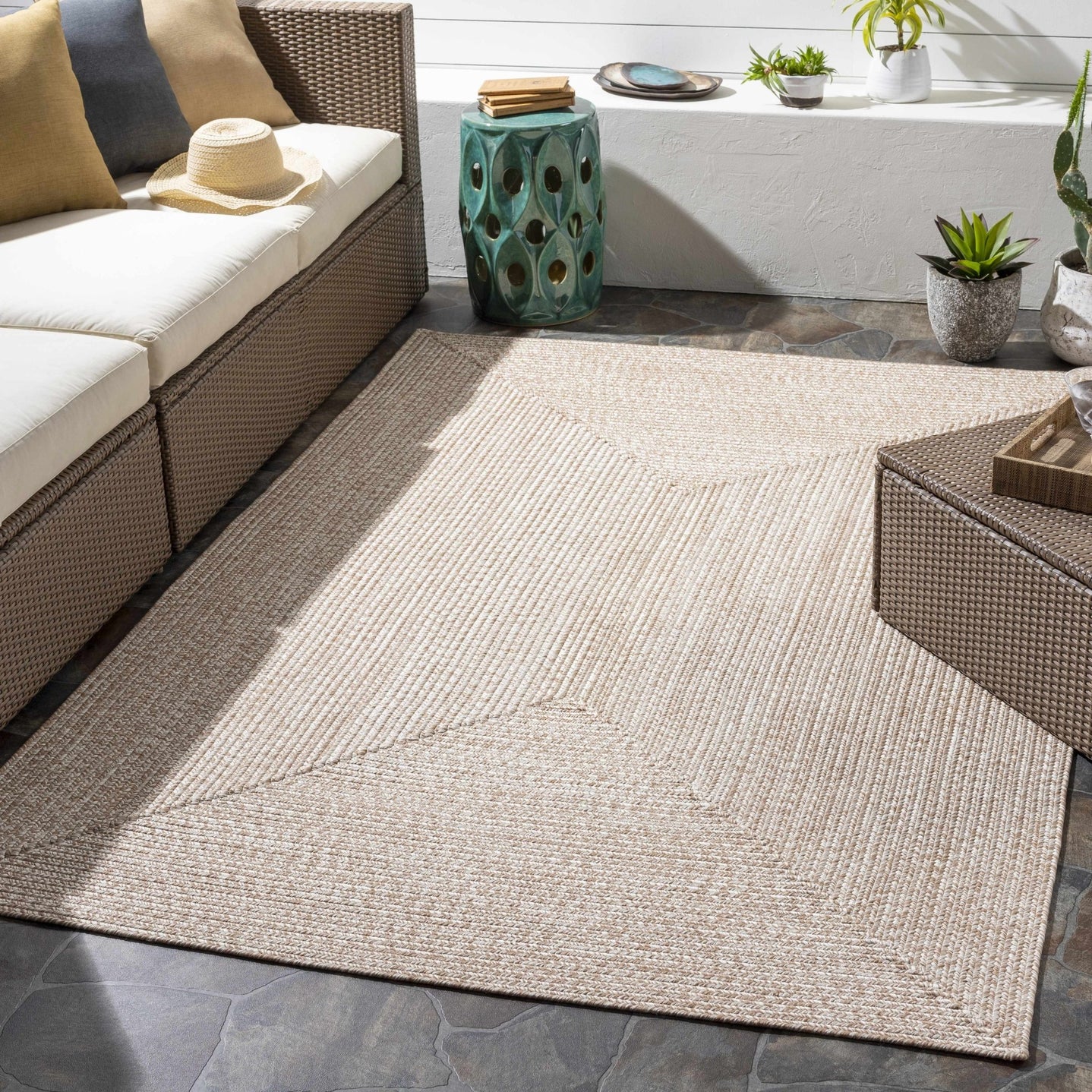Ivory and Camel Chevron Design Jute Braided Outdoor safe area Rug - The Rug Decor