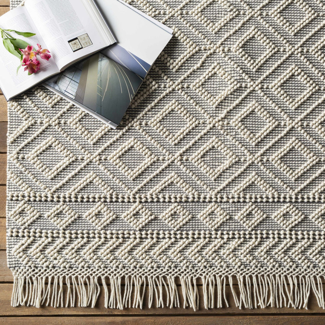Ivory and Charcoal Flatwoven Traditional Geometrical design Dhurrie Rug Woolen Chunky and Soft Trellis Wool and Cotton Area Rug - The Rug Decor