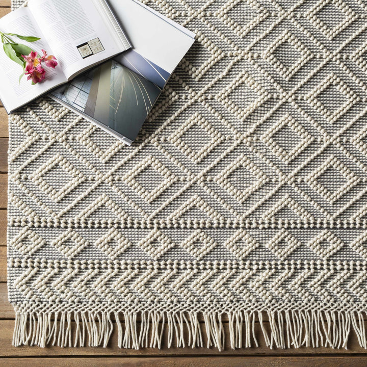 Ivory and Charcoal Flatwoven Traditional Geometrical design Dhurrie Rug Woolen Chunky and Soft Trellis Wool and Cotton Area Rug - The Rug Decor