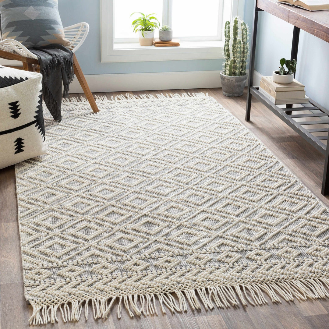 Ivory and Charcoal Flatwoven Traditional Geometrical design Dhurrie Rug Woolen Chunky and Soft Trellis Wool and Cotton Area Rug - The Rug Decor